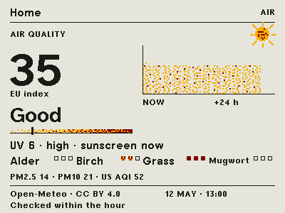 The Air screen in the Print composition: the European air quality index in large type, the word Good, 24 hourly bars in a warm scale, a UV sun, the UV line and four pollen tiles.
