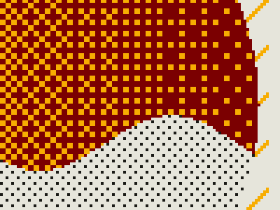 A close-up of the Atlas weather screen: the red and yellow dither of the sun, a yellow ray and the dotted cloud, with every pixel visible.