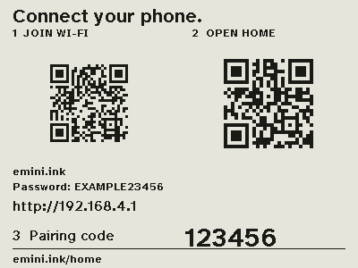 The setup screen with a QR code for the Wi-Fi, a QR code for the panel address and a six-digit pairing code.
