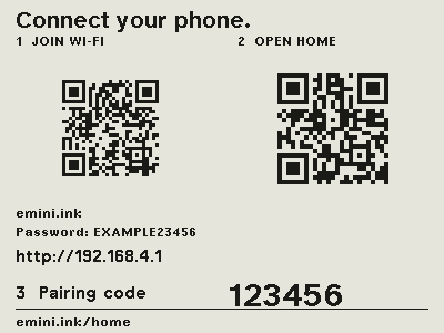 The setup screen with a QR code for the Wi-Fi, a QR code for the panel address and a six-digit pairing code.