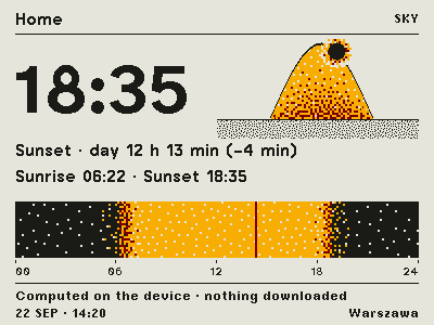 The Sky screen in the Print composition: the sunset time in large type, the day length, a warm dome with the sun in its current position and a 24-hour strip of night, dawn, day and dusk.