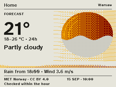 Print composition: large temperature on the left, sun and cloud illustration on the right.