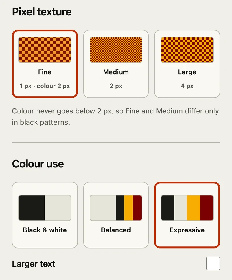 The Appearance settings in the phone panel: pixel texture Fine (1 px, colour 2 px), Medium or Large, a note that colour never goes below 2 px, and colour use Black and white, Balanced or Expressive.