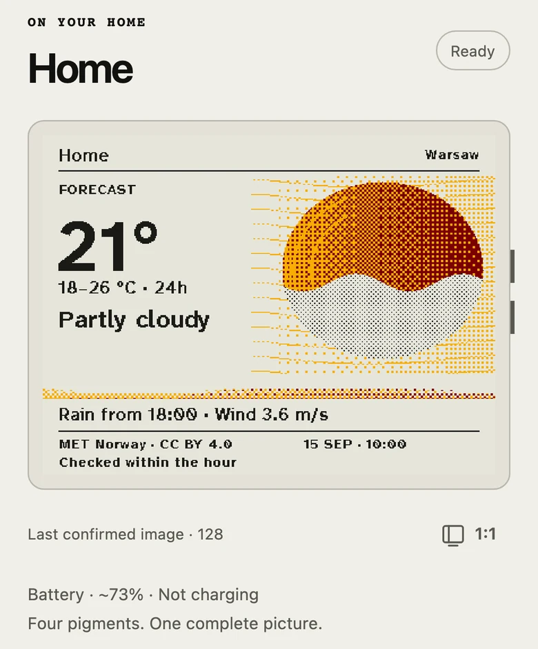 On your Home: the weather picture for Warsaw from the display, a Ready status, and the battery at about 73 percent.