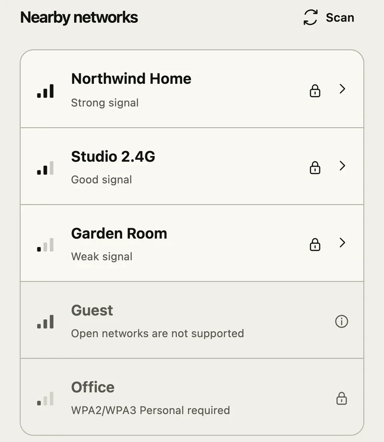 Nearby networks with signal strength and locks. The open Guest network is marked: Open networks are not supported.
